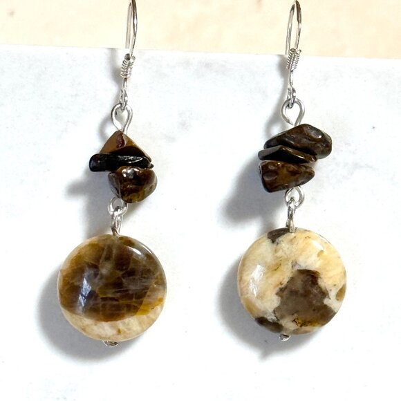 2/$20, Genuine Yellow Septarian Stone & Tigers Eye Gemstone Silver Hook Earrings - Picture 1 of 10
